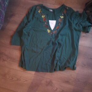 Basic Editions Dark Green Top with Embroidery